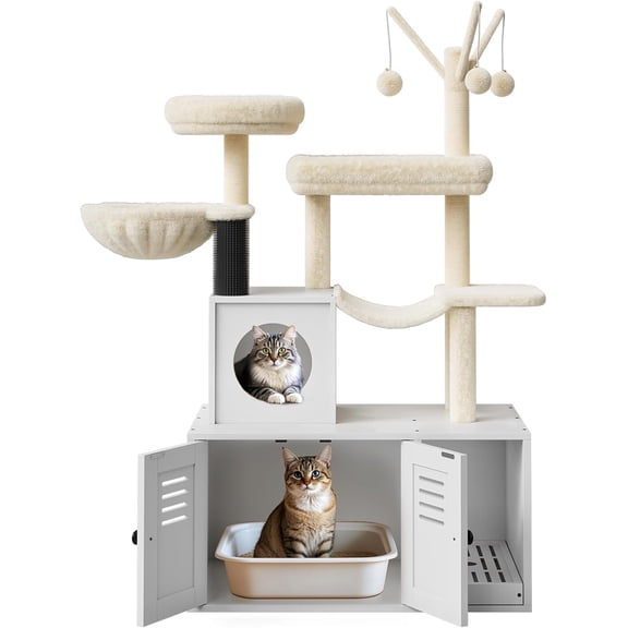Historyli Multi-Platform Litter Box Enclosure with Cat Tree Tower-Condo,Cat Brush Post & Passage-Hidden Washroom Furniture with Sisal Scratching Post,Plush Perch-White 53in