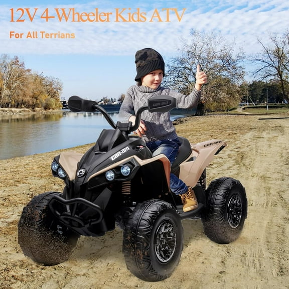 Historyli Powered Ride-Ons, 12V Ride on ATV,4 Wheeler Battery Powered Electric Vehicle,5mph Max Speed,w/LED Light,Metal Suspensions,Music,USB,Treaded Tire,Khaki