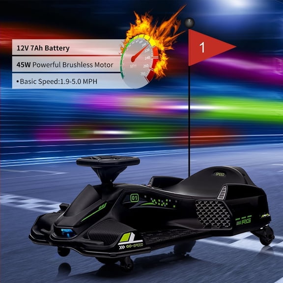 Historyli Powered Ride-Ons, 12V Ride On Drift Car,Electric Go-Kart with 7AH 45W Motor,Variable Speed Up to 5 Mph,Built-in Music,Colorful Tail Led Lights,USB,and Low-Power Alarm,Max Load 110 Lbs,Black