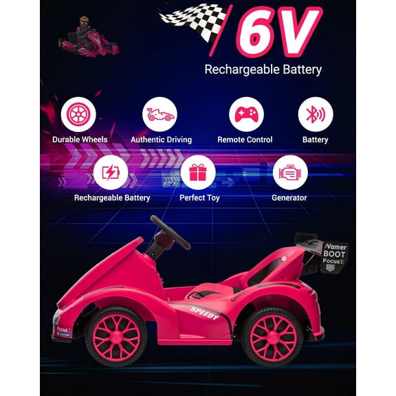 Historyli Powered Ride Ons,6V Electric Racer Go Kart- 2.4G Remote Control & Pedal Operation | 2MPH Max Speed w/Safety Belt,Music & USB | Ride-On Toy for Aged 3+,Pink