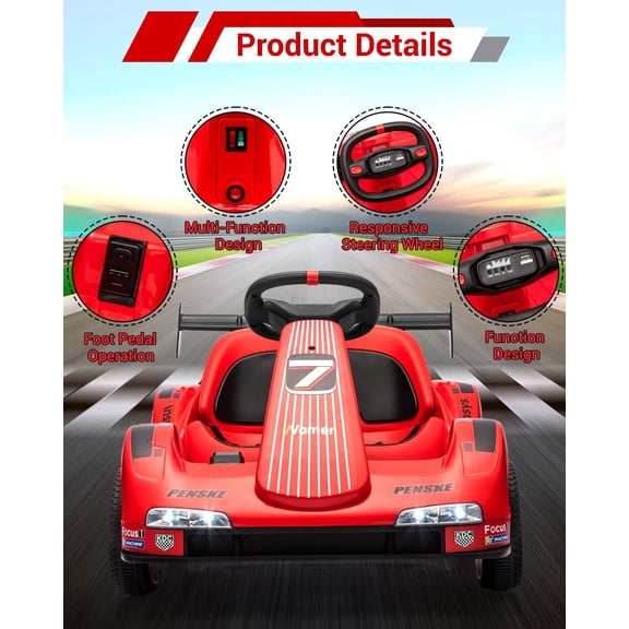 Historyli Powered Ride Ons,6V Electric Racer Go Kart- 2.4G Remote Control & Pedal Operation | 2MPH Max Speed w/Safety Belt,Music & USB | Ride-On Toy for Aged 3+,Red