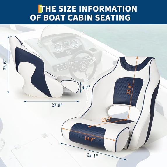 Historyli Premium Captain's Boat Seat with Thickened Padding & Curved Armrests, High-Back Pontoon Boat Seats, White/Blue