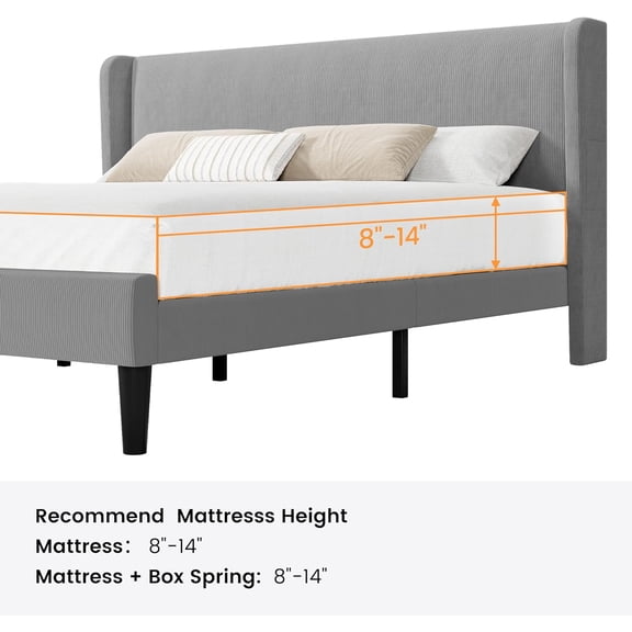 Historyli QUEEN Size Platform Bed Frame-with Upholstered Wingback Headboard-Heavy-Duty Frame Support,Noise-Free,Easy Assembly,No Box Spring Needed-Light Gray