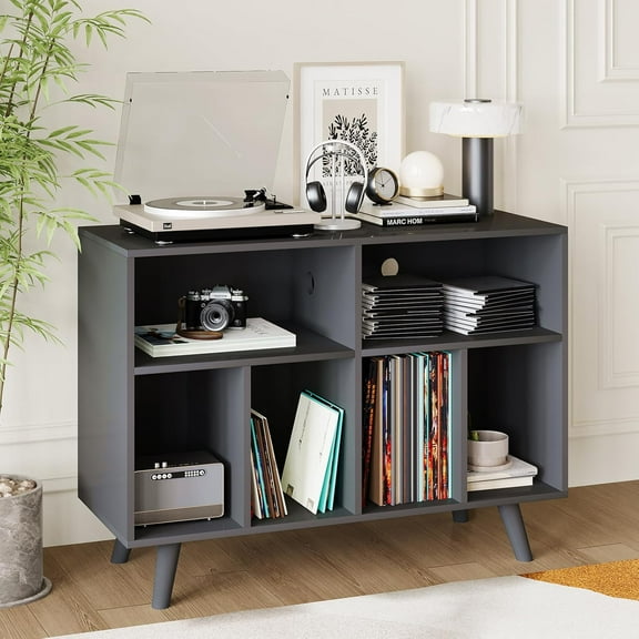 Historyli Record Player Stand with Power Outlet,Large Record Player Storage Cabinet Record Player Shelf Holds 350 Albums for Home Office,Black