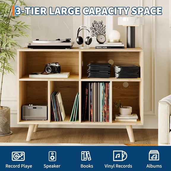 Historyli Record Player Stand with Power Outlet,Large Record Player Storage Cabinet Record Player Shelf Holds 350 Albums for Home Office,Natural