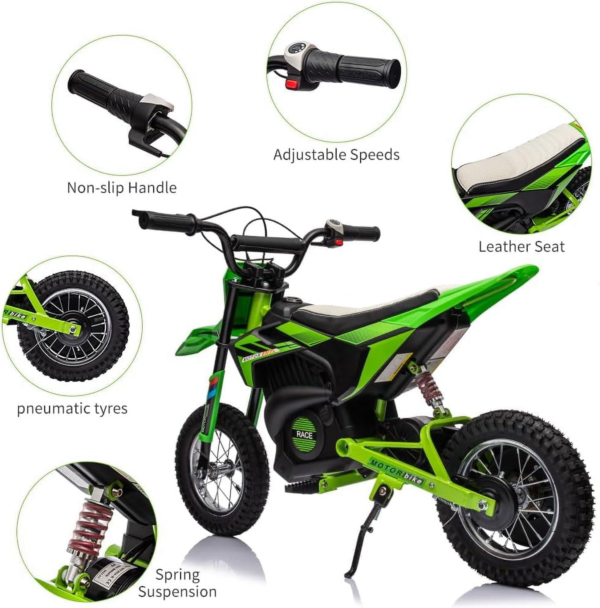 Historyli Ride On Electric Motorcycle-24V 250W Motor 13.6MPH Fast Speed Dirt Bike-Leather Seat Battery Powered Off-Road Bike,Twist Grip Throttle,Metal Suspension,Air-Filled Tires-Green