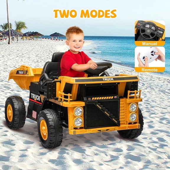 Historyli Ride On Dump Truck, Ride On Car Toy, with Remote Control, Electric Dump Bed, Shovel, 12V, Yellow
