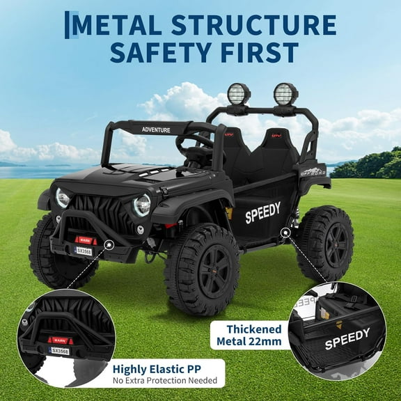 Historyli Ride on Toys-24V with Remote Control-4WD Electric Car,2 Seater UTV,Spring Suspension,Front & Behind LED Lights,Dual Storage,3 Speeds,Bluetooth Music,Parent Safety Brake-Black