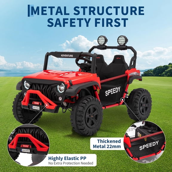 Historyli Ride on Toys-24V with Remote Control-4WD Electric Car,2 Seater UTV,Spring Suspension,Front & Behind LED Lights,Dual Storage,3 Speeds,Bluetooth Music,Parent Safety Brake-Red