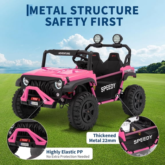 Historyli Ride on Toys-24V with Remote Control-4WD Electric Car,2 Seater UTV,Spring Suspension,Front & Behind LED Lights,Dual Storage,3 Speeds,Bluetooth Music,Parent Safety Brake-Pink