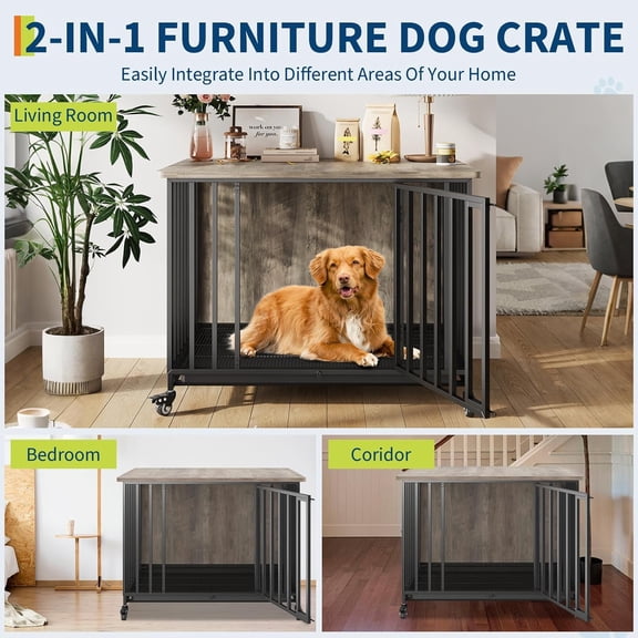 Historyli Rolling Dog Crate Furniture-39Inch with Wheels,Heavy Duty Kennel Furniture with Removable Tray-Wooden Pet Cage Indoor,Side End Table for Small Medium to Large Breeds