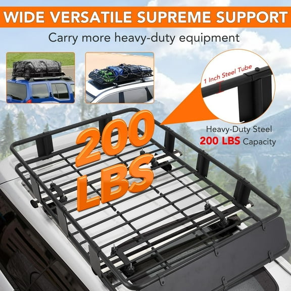 Historyli Roof Rack Basket Universal Rooftop-200Lb Capacity,Large Size Adjustable Vehicle Cargo Baskets (64”x39”x6”)+Lockable Waterproof Cargo Bag,and Cargo Net with Ratchet Straps,Black