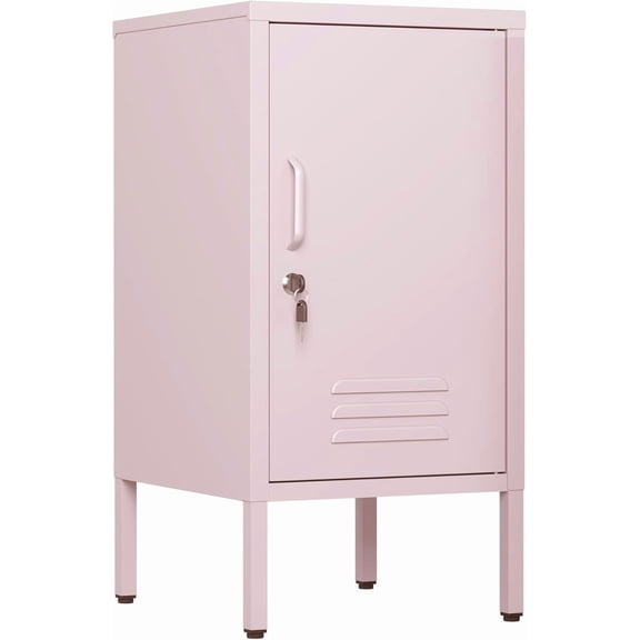 Historyli Single Door Lockable Metal End Table,Modern Minimalist Room Side Table With 2 Adjustable Shelf ,Multi Storage Cabinet for Living Room Bedroom,(27.55" H x 13.78" W x 14.96" D),Pink