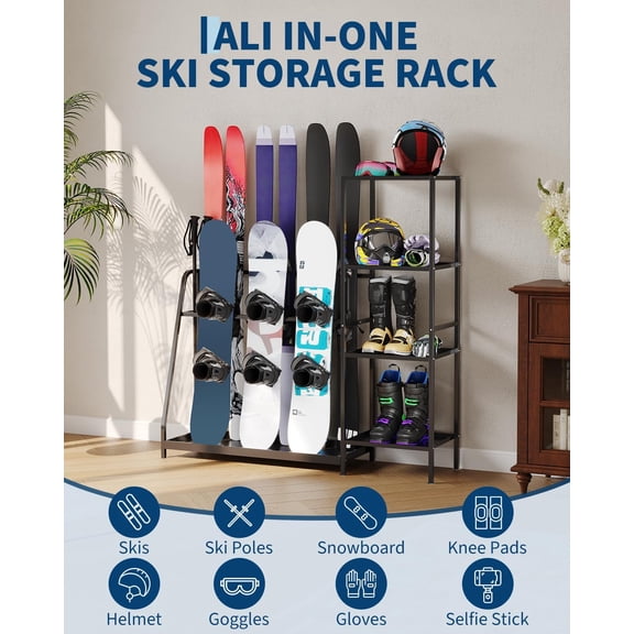Historyli Ski Storage Rack, Heavy Duty Freestanding Steel Ski Organizer for 4-Pair Skis & Boots, Black