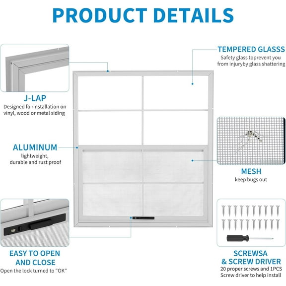 Historyli Sliding Shed Windows, 2 Pack, 18x27 Inch, Aluminum Frame, with Acrylic Panels and Mesh Screen