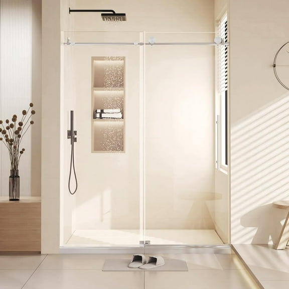Historyli Sliding Shower Door,60" W x 72" H Semi-Frameless Sliding Glass Shower Door with 3/8"(10mm) Clear Tempered Glass,Round Tube,Waterproof Seal,Easy Installation for Walk-in Showers