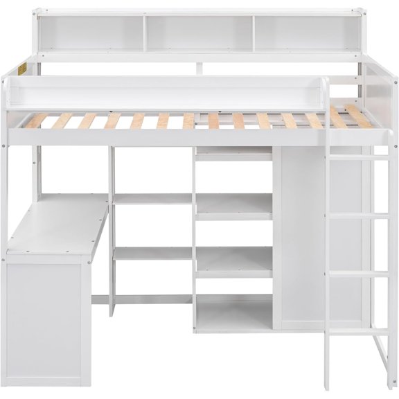 Historyli Solid Wood Loft Bed Frame,Loft Bed with Desk Wardrobe,Bedroom Furniture with Storage Shelves Wardrobe,No Box Spring Needed,White