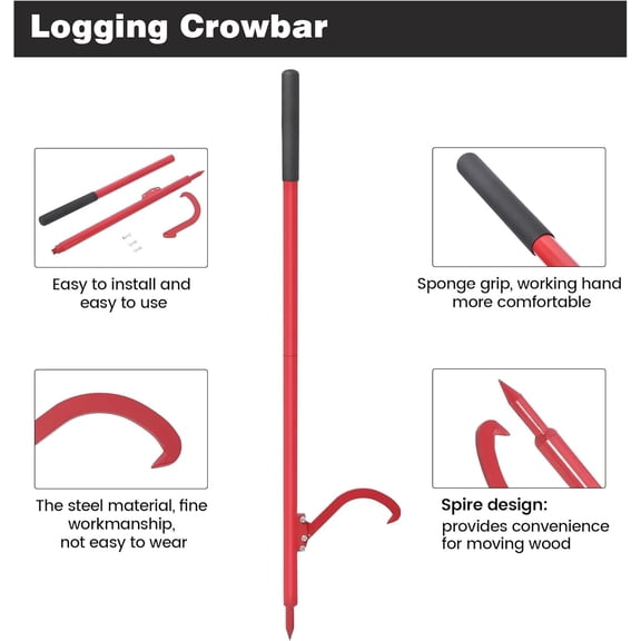 Historyli Steel Log Peavey-60 Inch with Comfortable Rubber Grip-Cant Hook for Logs,Effortless Wood Movement,Versatile Logging Tool for Sawyers,Loggers-Red