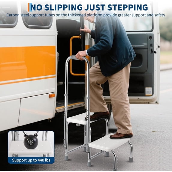 Historyli Step Stool with Handle & Non-Skid Platform for Seniors, Adjustable Height Handrail, Heavy Duty 2 Steps