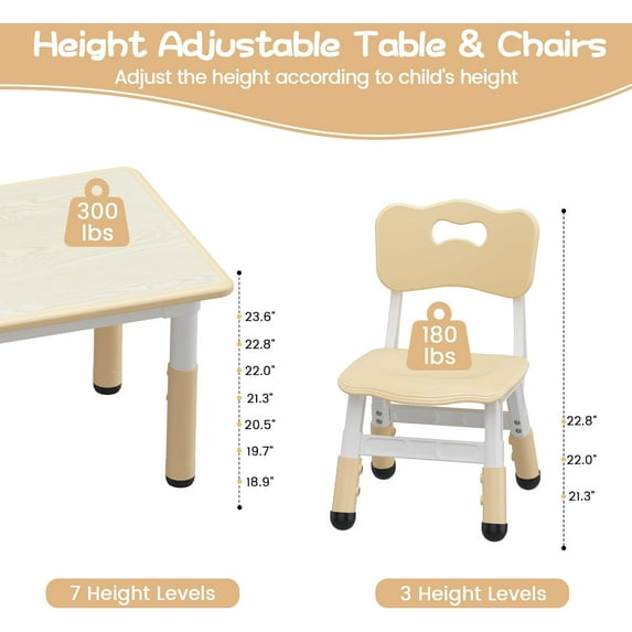 Historyli Table and Chair Set for Ages 2-10,Height Adjustable Toddler Table and 4 Chairs Set ,Graffiti Desktop,Non-Slip Legs,Children Activity Table for Daycare Classroom Home,Wood color