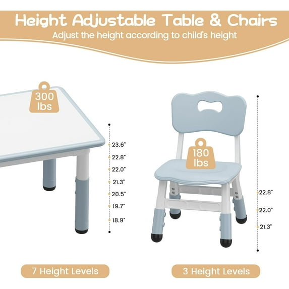 Historyli Table and Chair Set for Ages 2-10,Height Adjustable Toddler Table and 4 Chairs Set ,Graffiti Desktop,Non-Slip Legs,Children Activity Table for Daycare Classroom Home,Light Gray