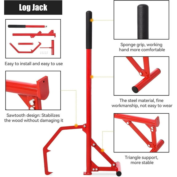 Historyli Timberjack, 51 Inch, Adjustable Log Lifter, Heavy Duty Steel Log Roller, Red