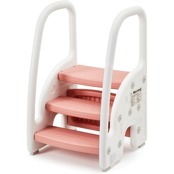 Historyli Toddler Step Stool for Bathroom Sink, Kids Standing Tower, 3 Step Stool with Safety Handles Non-Slip Three Step Ladder for Child Learning,Pink