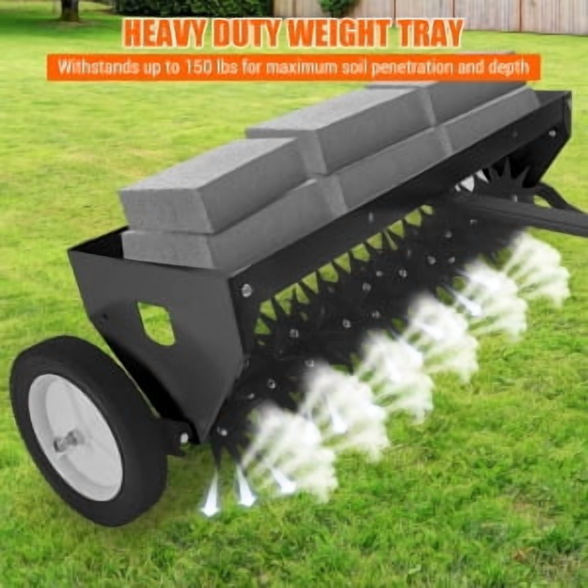 Historyli Tow Behind Aerator, 40Inch, with Transport Wheels, Steel Teeth, Tray, Black