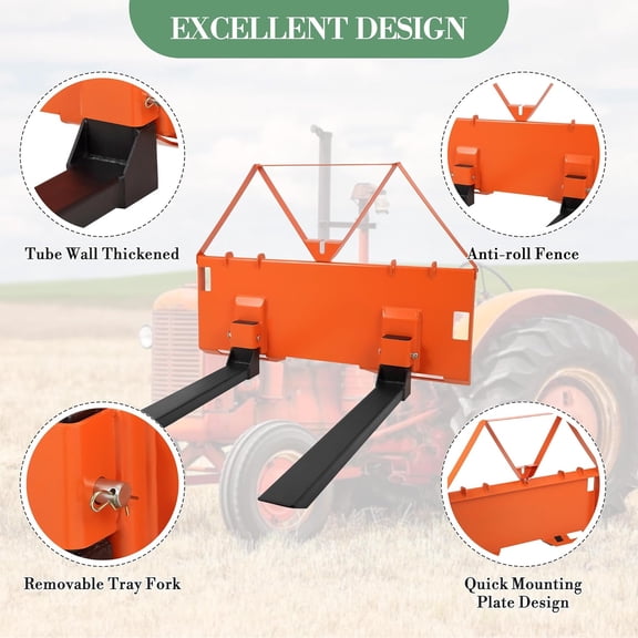 Historyli Tractor Pallet Forks, 45Inch, 3200lbs Heavy-Duty, Quick Attach, Orange