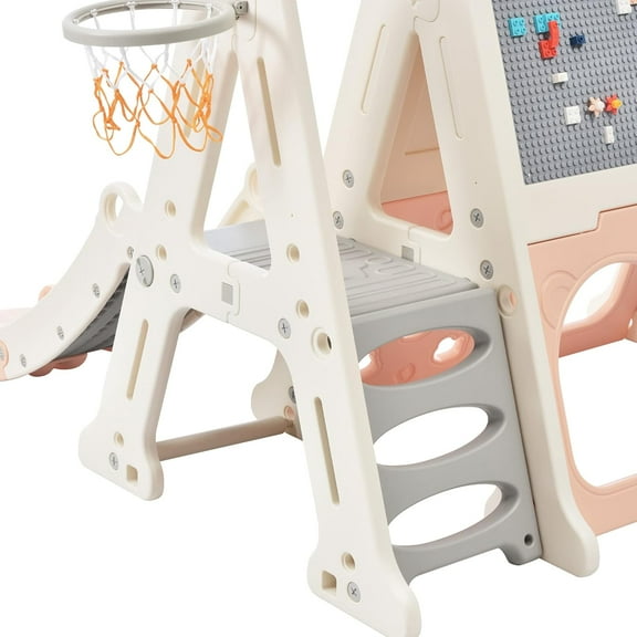Historyli Triangle Climber with Slide for Age 1-3,Toddlers Climber Slide,7-in-1 A-Frame Climber Toddler Slide with Basketball Hoop and Art Drawing Board,Light Pink