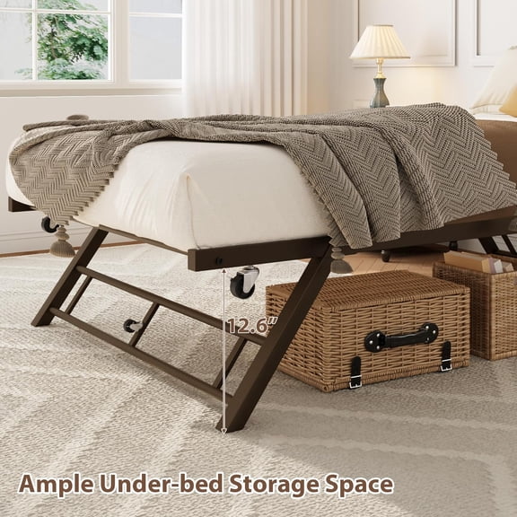 Historyli Twin Pop Up Trundle Bed Frame, with Lockable Casters, Foldable Metal Platform, Bronze