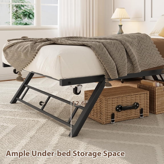 Historyli Twin Pop Up Trundle Bed Frame, with Lockable Casters, Foldable Metal Platform, Sand Black