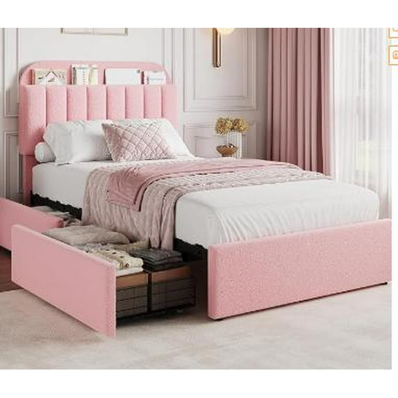 Historyli Twin Size Bed Frame with Storage Headboard,Girls Bed Frame with 2 Drawers,Boucle UpholsteRed Platform Bed with Bookcase,No Box Spring Needed,Easy Assembly,Pink