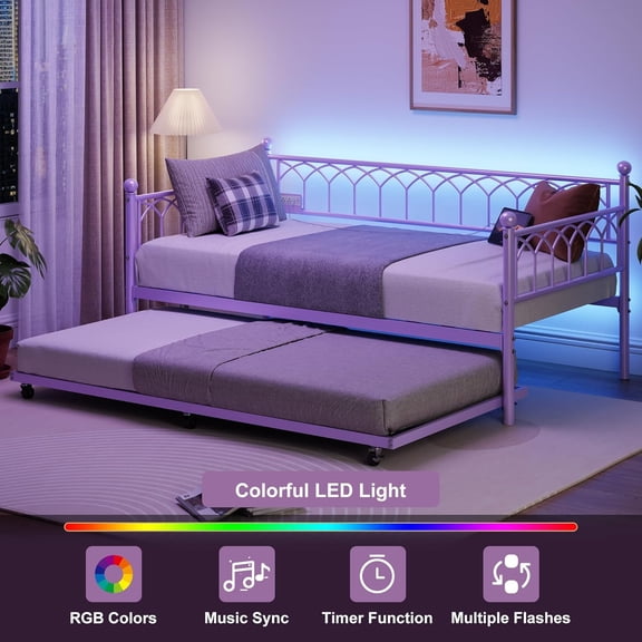 Historyli Twin Size Daybed with Trundle-Metal Twin Trundle Bed with Charging Station & LED Lights-Heavy Duty Sturdy Mattress Foundation for Living Room,Easy Assembly