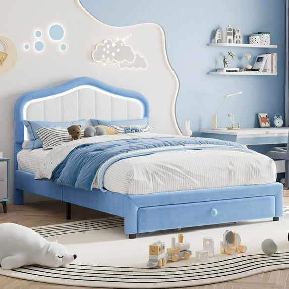 Historyli Twin Size UpholsteRed Bed Frame with Storage Drawer and Smart Led Headboard,Platform Bed Frames,Wooden Slats Support,No Box Spring Needed,Easy Assembly,Blue and White