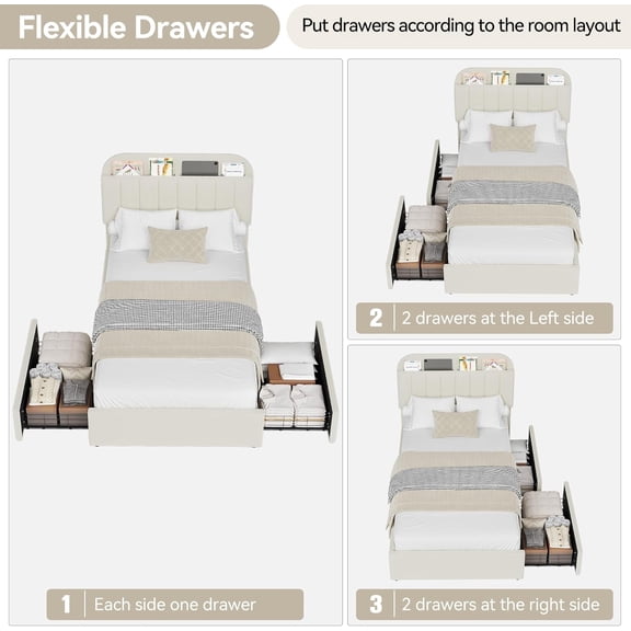 Historyli TwinXL Size Bed Frame-with Storage Headboard and 2 Drawers-Girls Bed Frame with Boucle Upholstered Platform,Built-in Bookcase-No Box Spring Needed,Easy Assembly,Durable and Stylish-Off