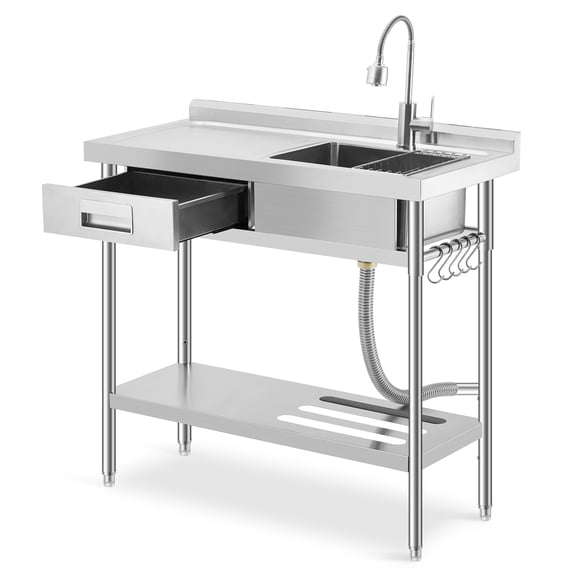 Historyli Utility Sink, Free Standing Single Bowl, Kitchen Sink with Adjustable Shelf & Drawer Storage & 360 Swivel Cold and Hot Water Pipe, Stainless Steel Commercial Sink for Indoor Outdoor Use