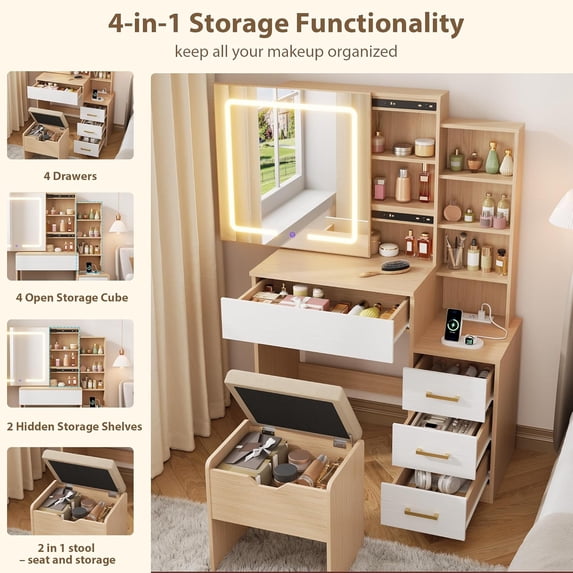 Historyli Vanity Desk, with Sliding Mirror and Lights, 3 Lighting Modes, with 4 Drawers and 7 Storage Shelves, Light wood Grain