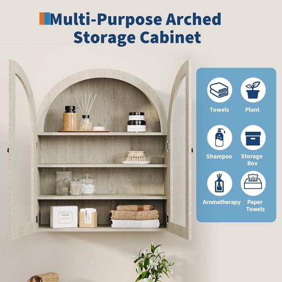 Historyli Wall Cabinet, Small Wall-Mounted, Bathroom Medicine Cabinet, with Glass Doors & Adjustable Shelves, Natural