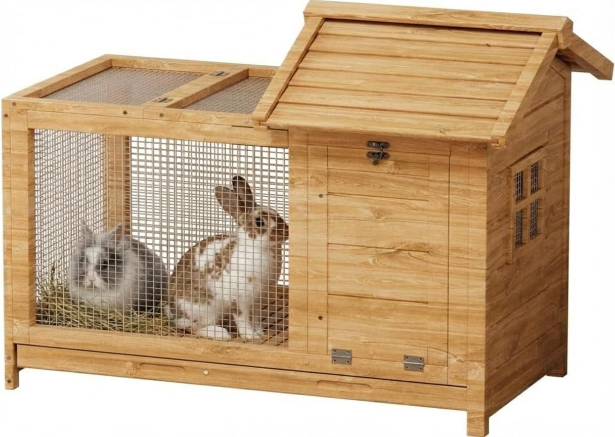 Historyli Wooden Rabbit Hutch,Weatherproof with Anti-Chew Metal Frame,Rabbit House with Ramp and Removable Wire Netting for Indoor and Outdoor,Natural