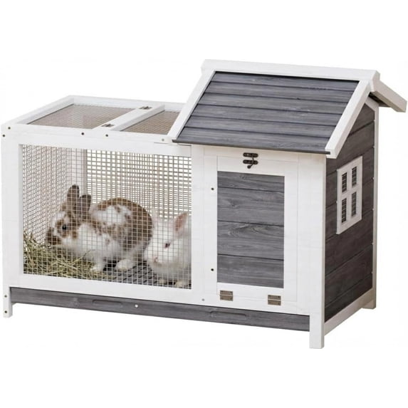 Historyli Wooden Rabbit Hutch,Weatherproof with Anti-Chew Metal Frame,Rabbit House with Ramp and Removable Wire Netting for Indoor and Outdoor,Grey