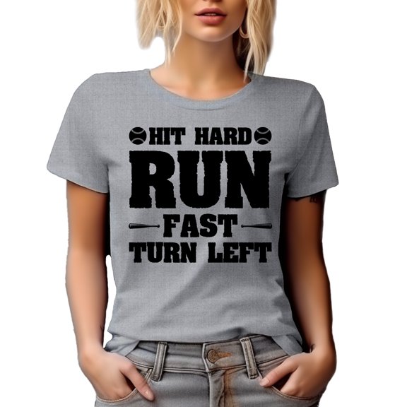 Hit Hard, Run Fast, Turn Left, Baseball Player, Coach or Fan, Heather Grey T-Shirt, Small