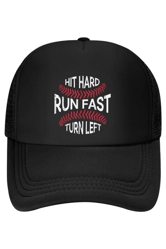 Hit Hard Run Fast Turn Left Funny Baseball Player Men Boys Baseball Cap