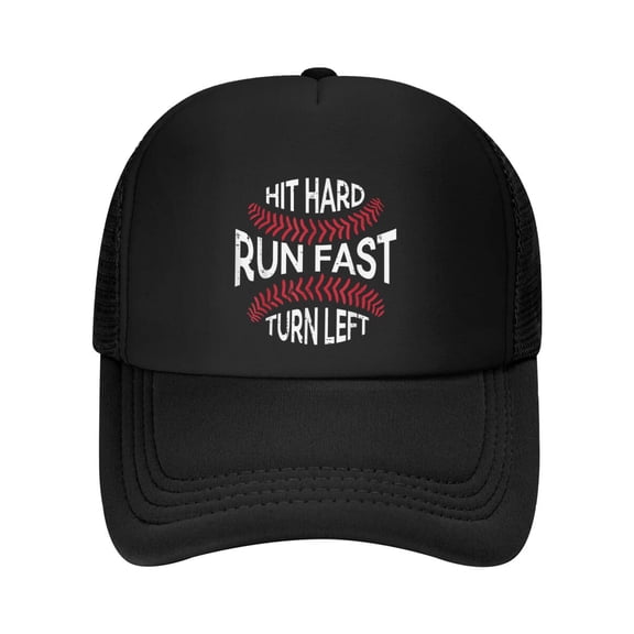 Hit Hard Run Fast Turn Left Funny Baseball Player Men Boys Baseball Cap