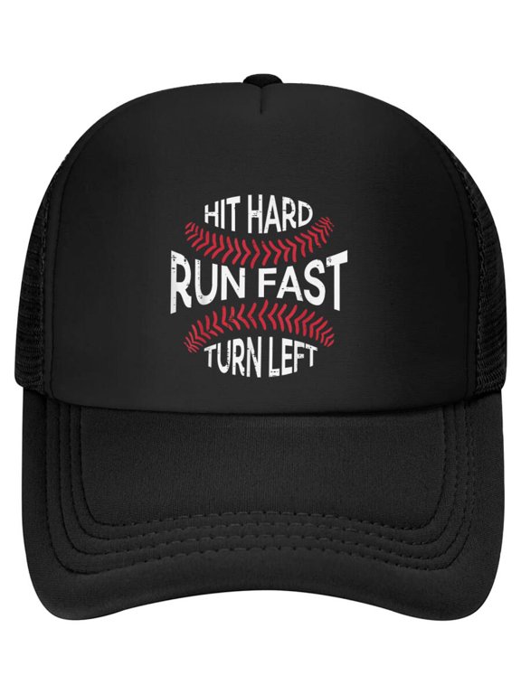 Hit Hard Run Fast Turn Left Funny Baseball Player Men Boys Baseball Cap