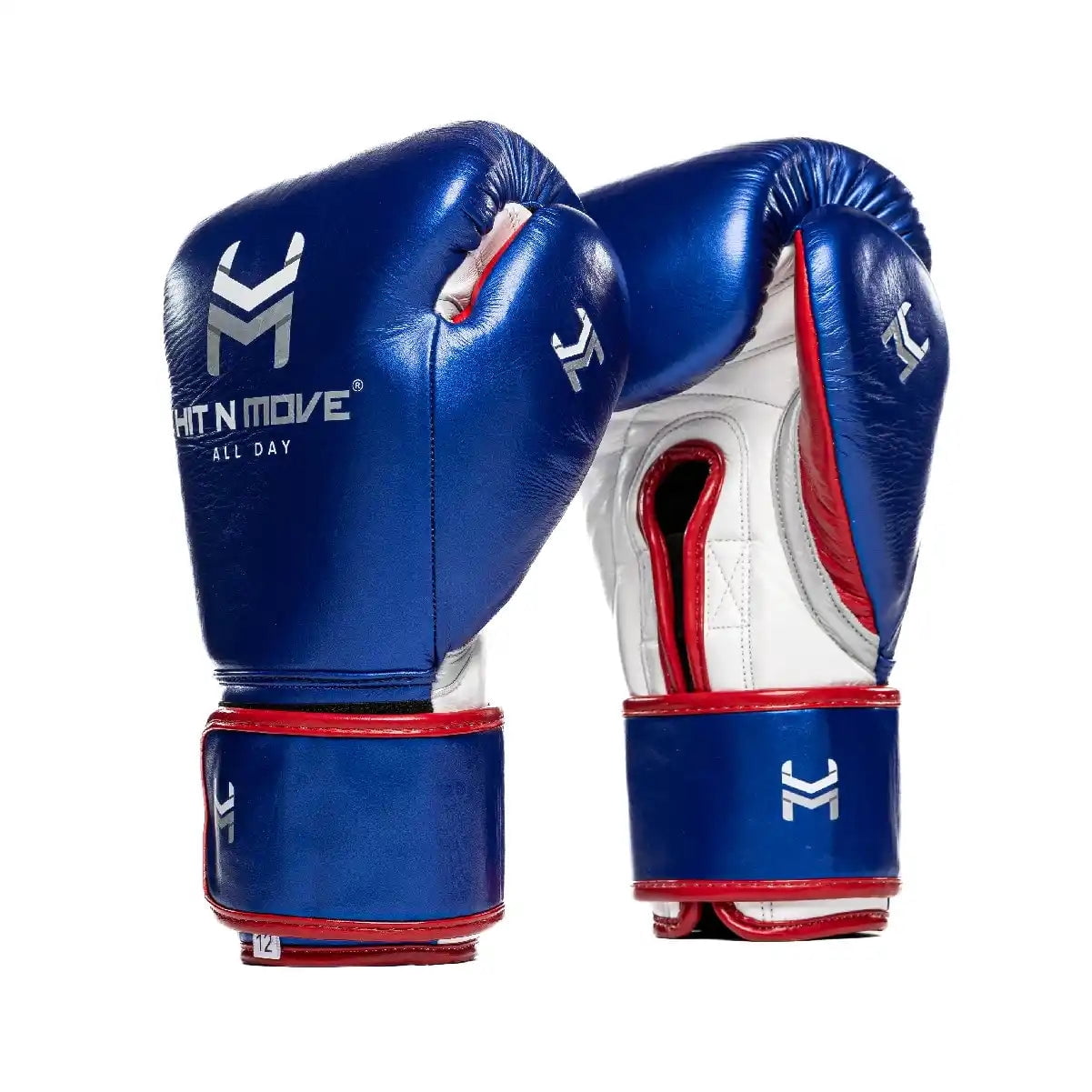 Hit N Move Boxing Gloves - All Day Pro Agility 14oz Metallic Blue/White - Hook and Loop