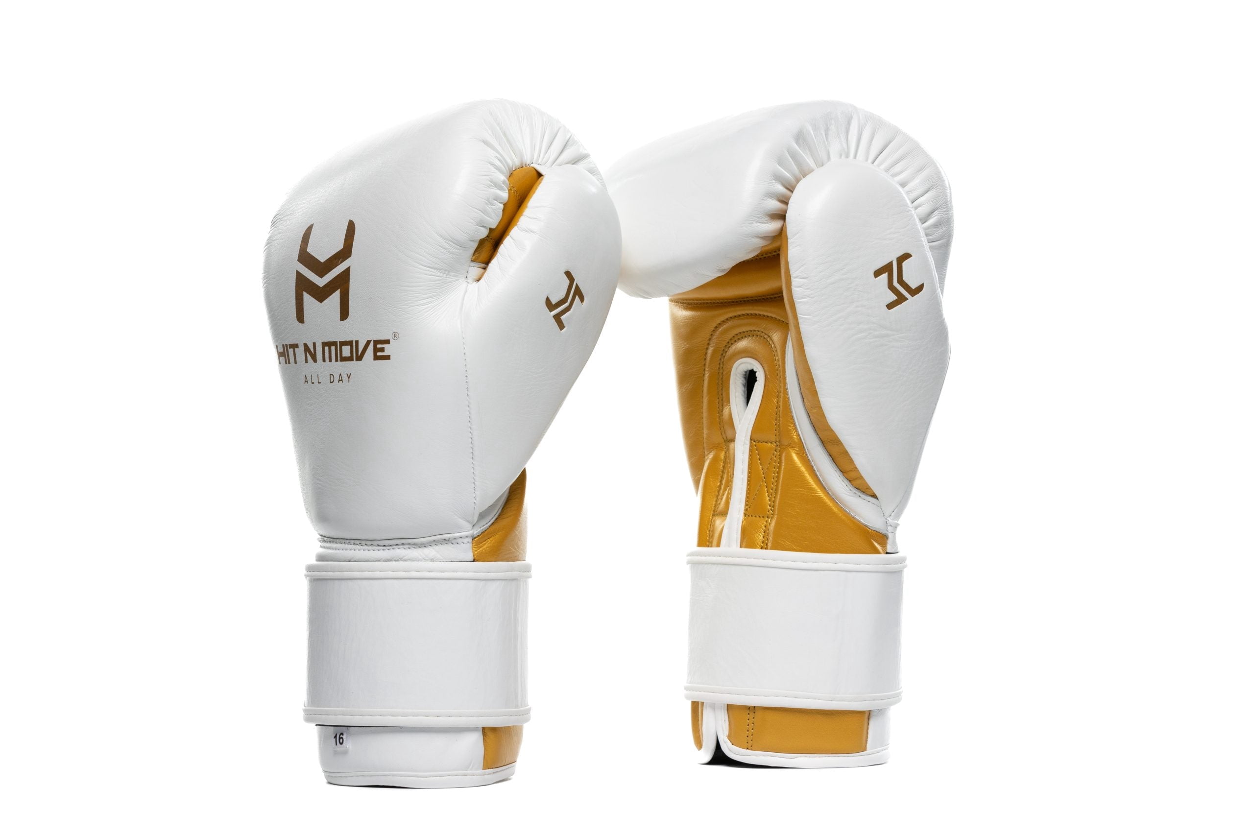 Hit N Move Boxing Gloves - All Day Pro Agility 16oz White/Gold - Hook and Loop