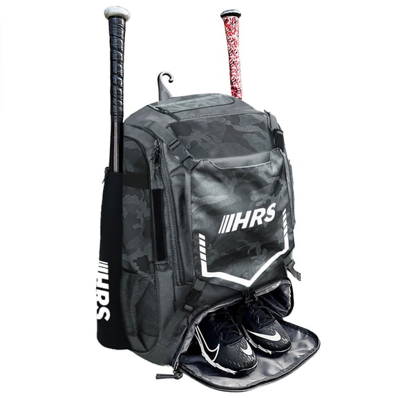Hit Run Steal Bat Bag Backpack, Holds 4 Bats, Glove, and Helmet, Gray Camo