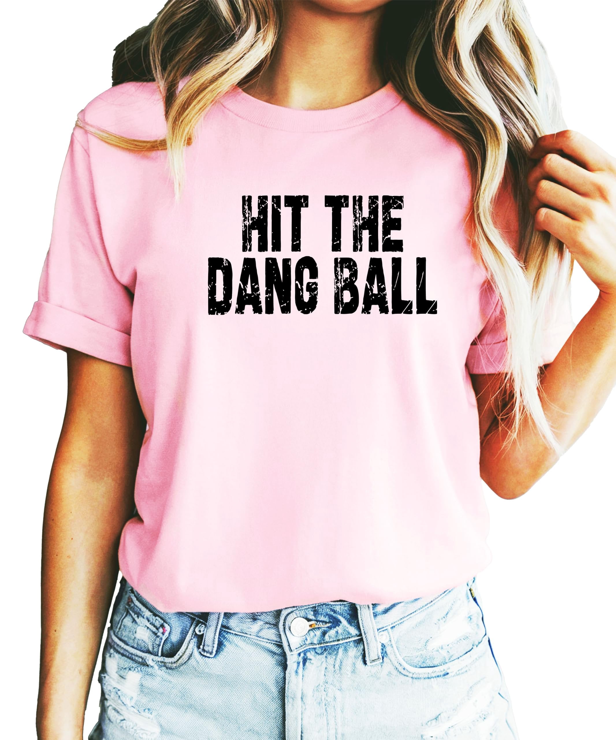 Hit The Dang Ball Shirt for Women Distressed Sporty Baseball Tee for Adults and Teens Pink Shirt Adult 2XL