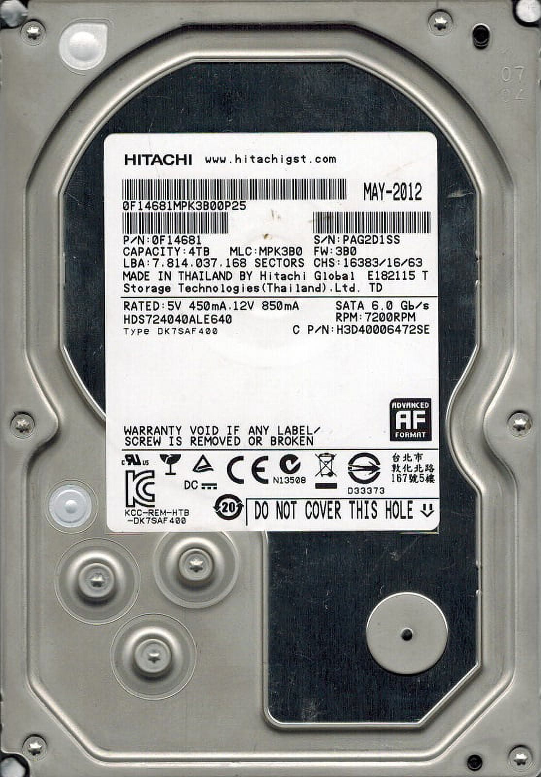 【中古】「非常に良い」Hitachi HDS724040ALE640 P/N: 0F14681 MLC: MPK580 4TB [並行輸入品] 4TB HDS724040ALE640 Hitachi SATA 6.0GB⁄s 7.2K HGST | 64MB HITACHI